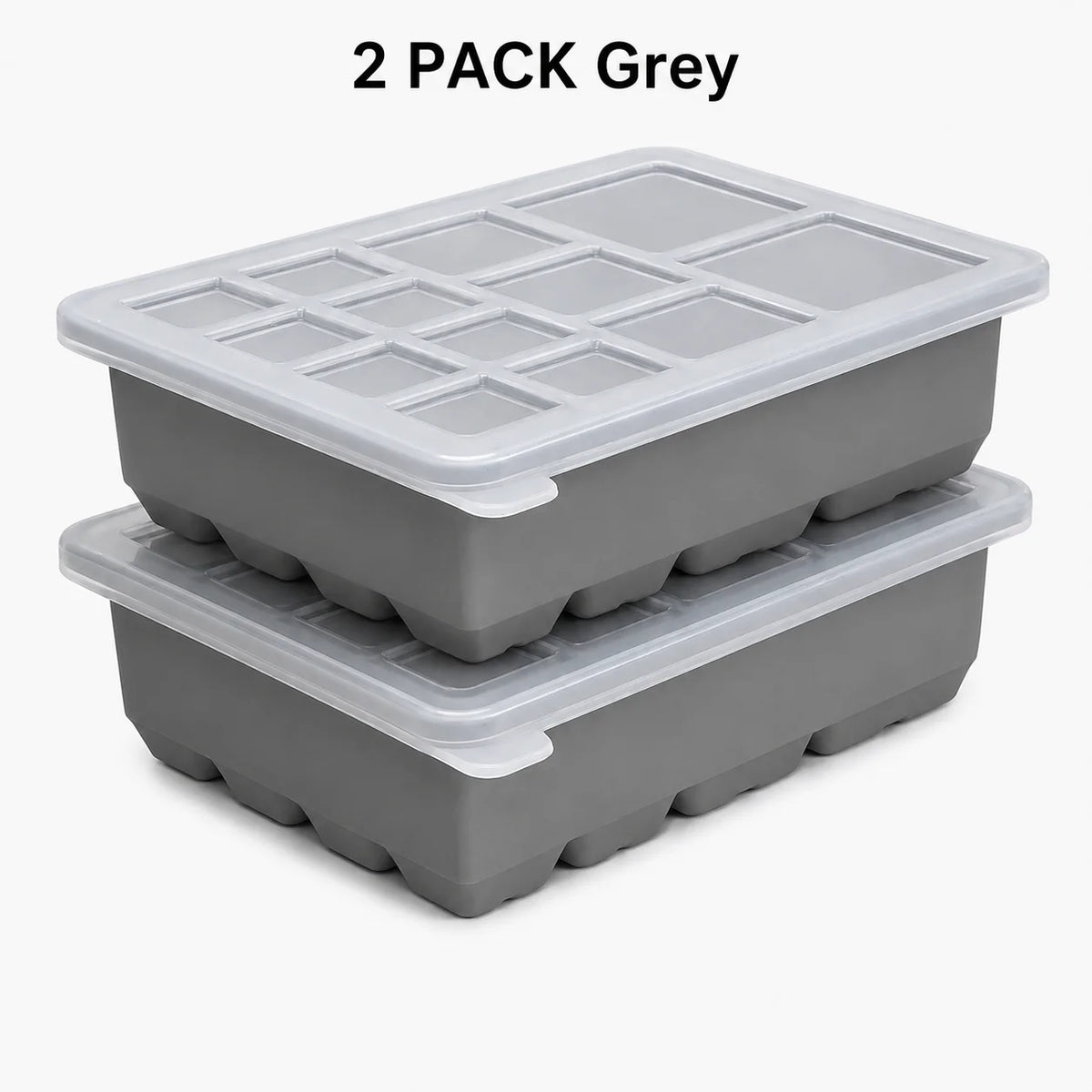 Silicone Ice Cube Tray with Lid – 13-Cavity Stackable Mold Silicone Ice Tray Axl 2 PACK Grey