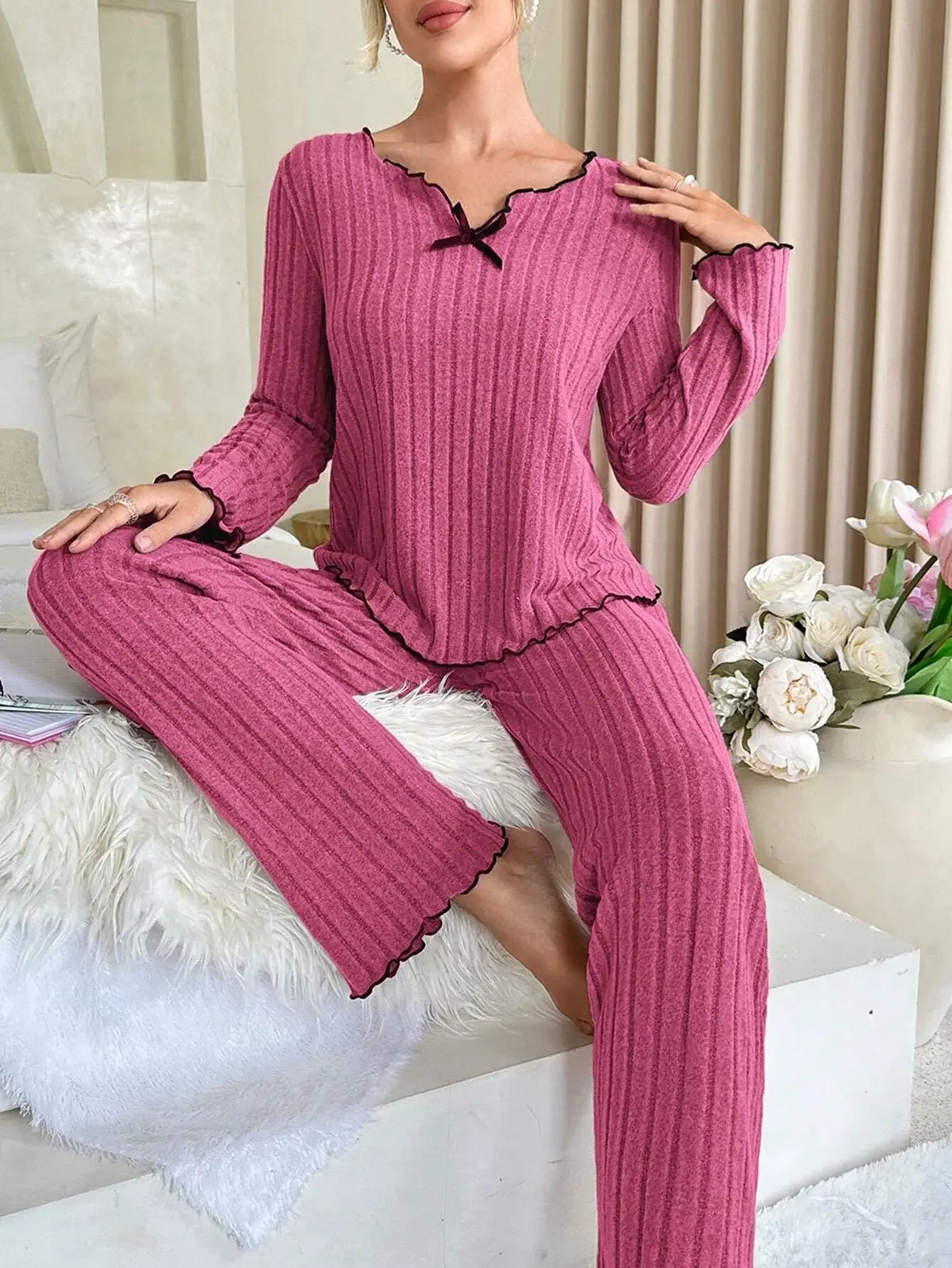 Women's Ribbed Pajama Set – Long Sleeve Top & Pants | 2-Piece Women's Pajama Set Axl pink M