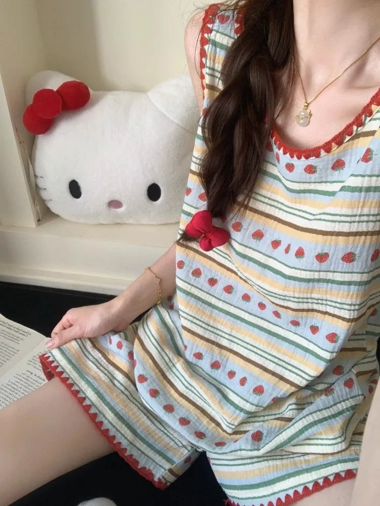 Women's Strawberry Print Pajama Set – Vest & Shorts Loungewear Women's Pajama Set Axl