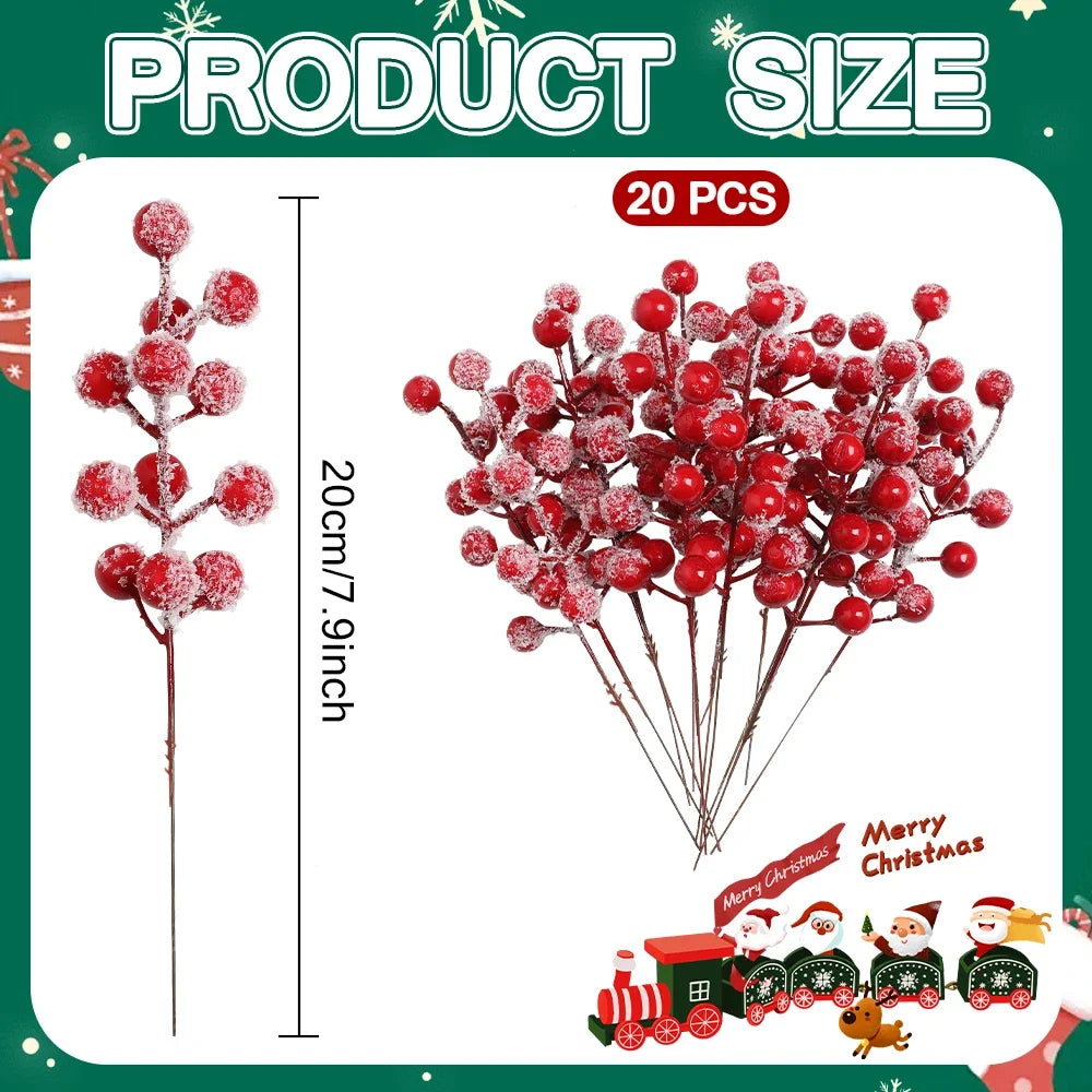 20 Pcs Frosted Artificial Red Berry Stems | Holiday Home Decor Artificial Berry Stems Axl