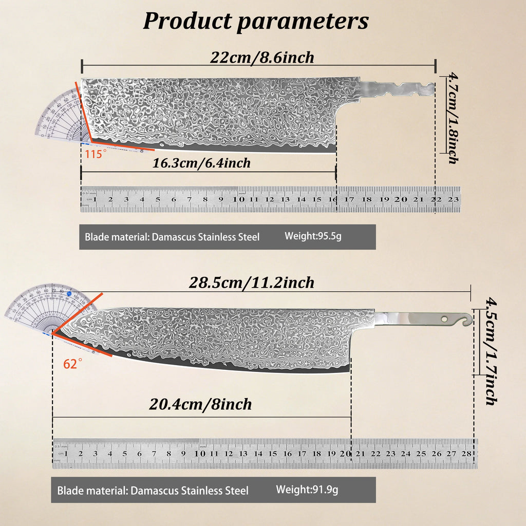 2-Pack 67-Layer Damascus Steel Chef Knife Blanks – DIY Kit Damascus Knife Blank Axl