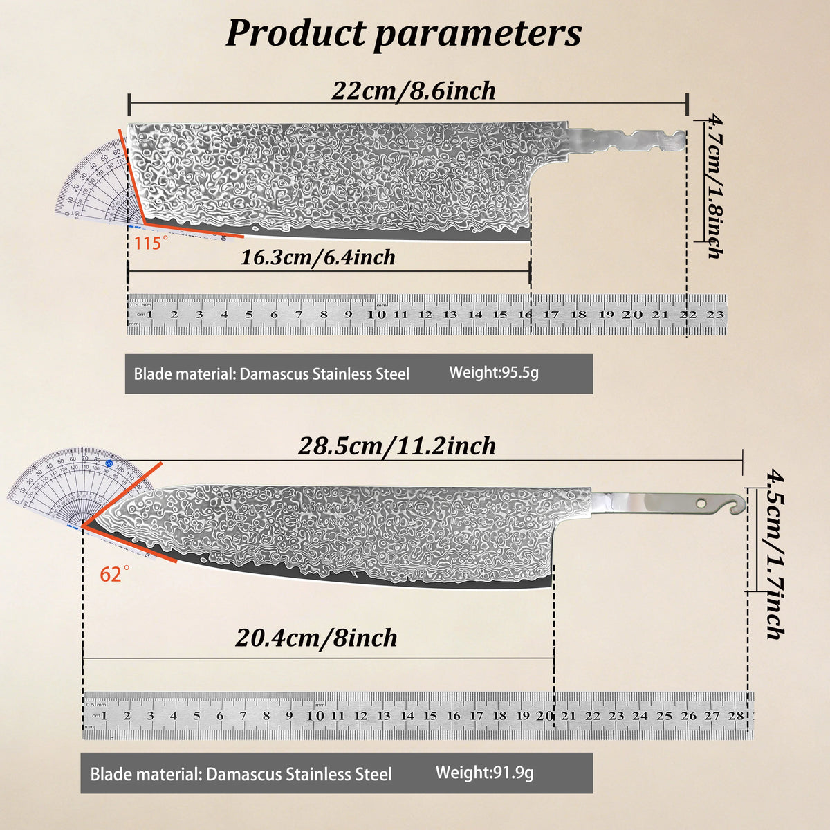 2-Pack 67-Layer Damascus Steel Chef Knife Blanks – DIY Kit Damascus Knife Blank Axl
