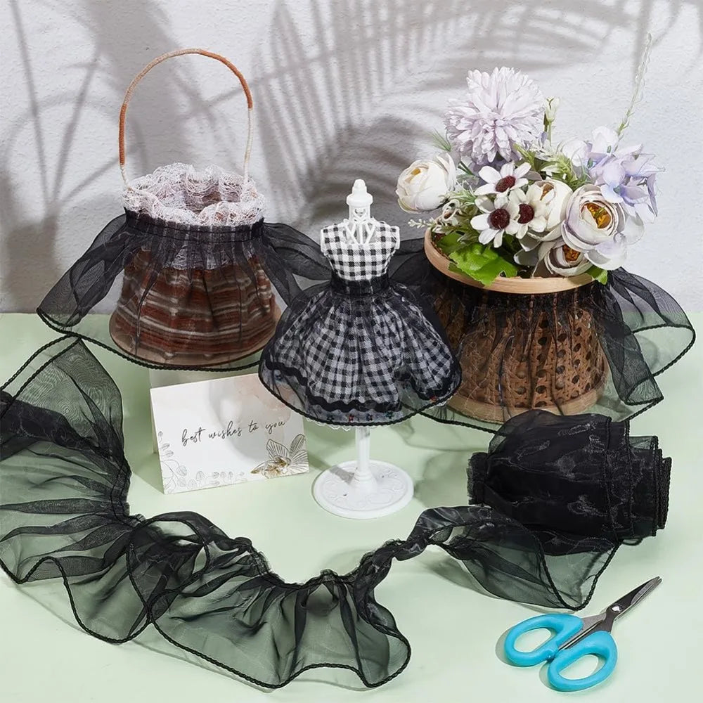 Black Organza Pleated Lace Ribbon Flower Trim 95mm – 8 Yards Decorative Ribbon Trim Axl