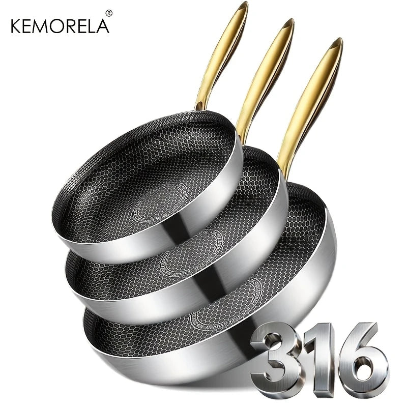 KEMORELA 3-Piece 316 Stainless Steel Honeycomb Frying Pan Set Frying Pan Set Axl