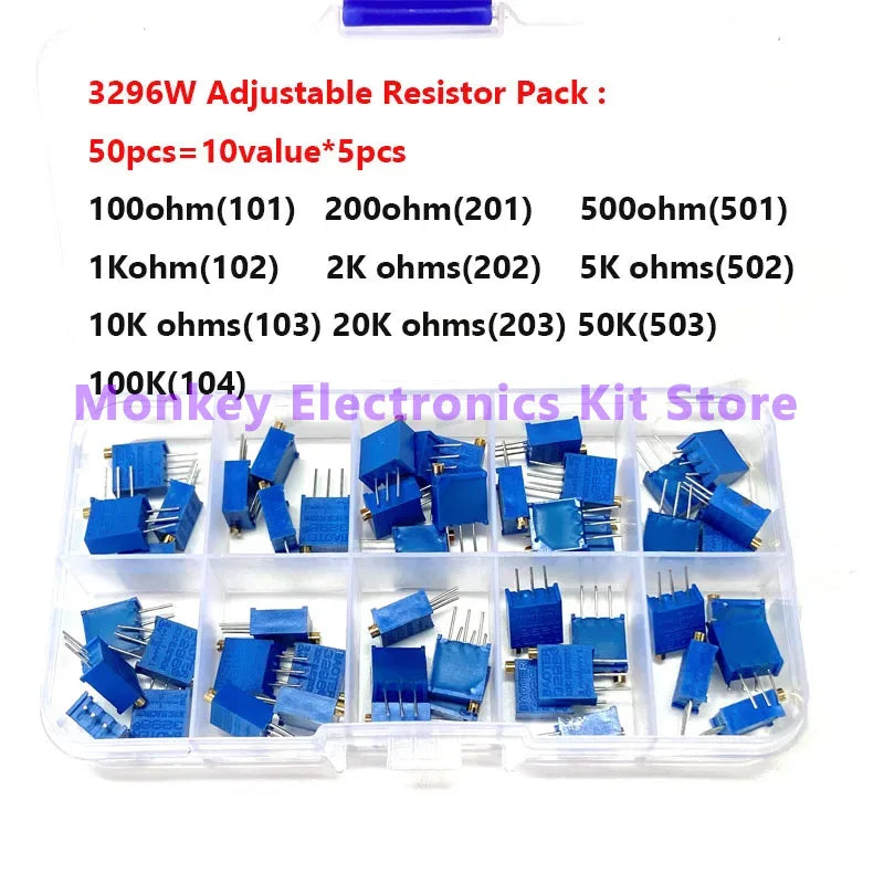 50-Piece 3296W Multiturn Trimmer Potentiometer Kit + Box Trimmer Potentiometer Kit Axl
