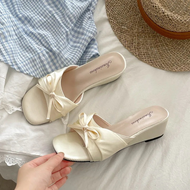 Women's Satin Wedge Slippers – Butterfly-Knot Party Slide Wedge Slide Slippers Axl Apricot 38