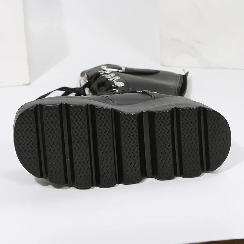 Women's Goth Platform Boots – Punk Rivet Wedge Mid-Calf Combat Platform Combat Boots Axl