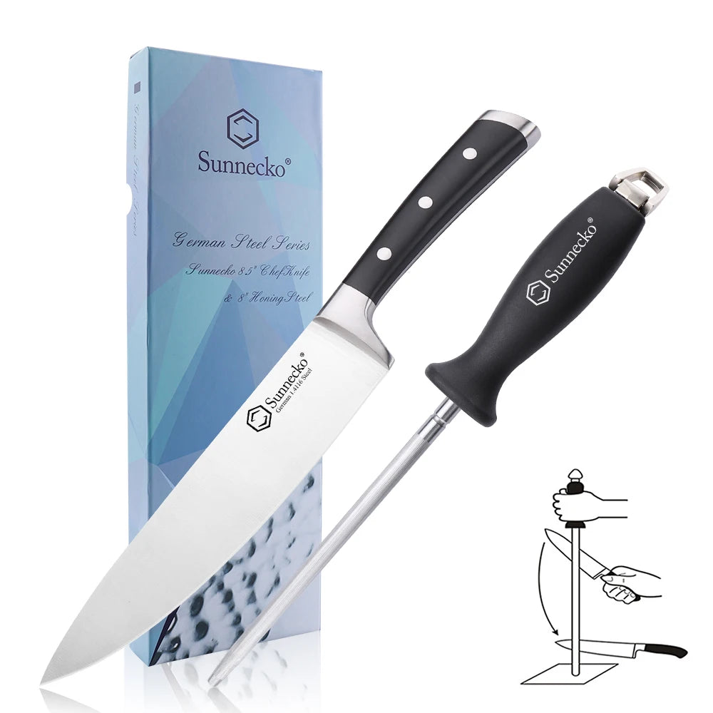 Sunnecko 8" Chef Knife & Sharpening Rod Set – 2-Piece Kitchen Kit Kitchen Knife Set Axl