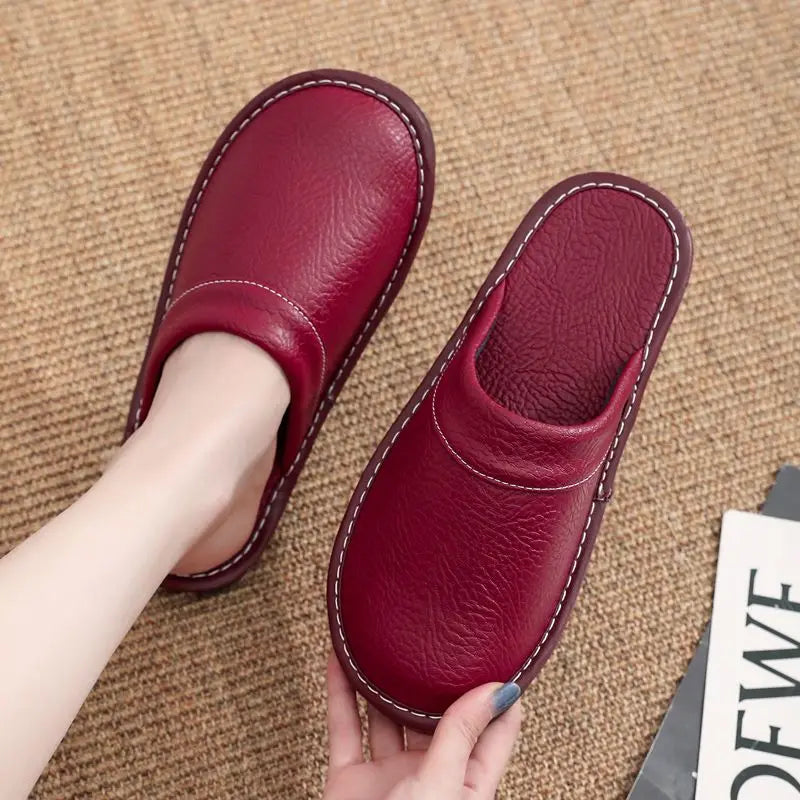 Lorilury Non-Slip Waterproof Indoor Leather Slippers Men Women Indoor Slippers Axl