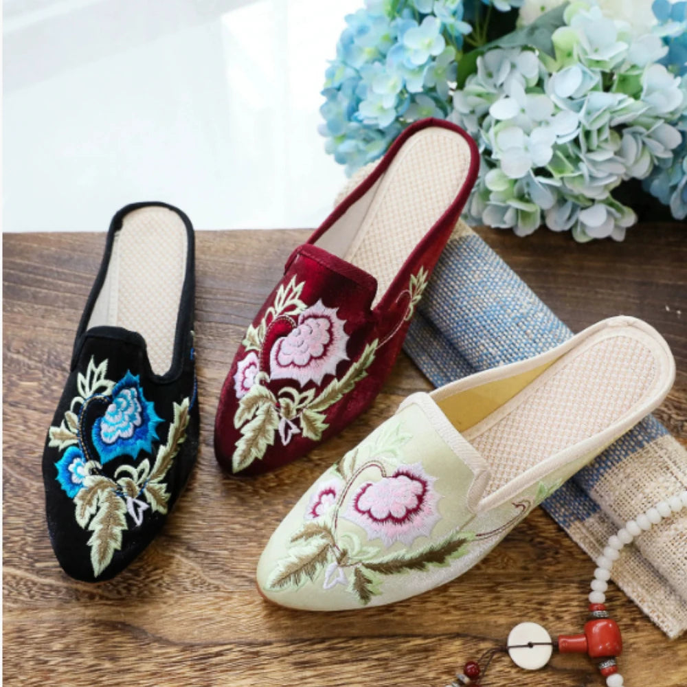 Velvet Embroidery Flower Women's Pointed Toe Flat Slippers Women's Flat Slippers Axl