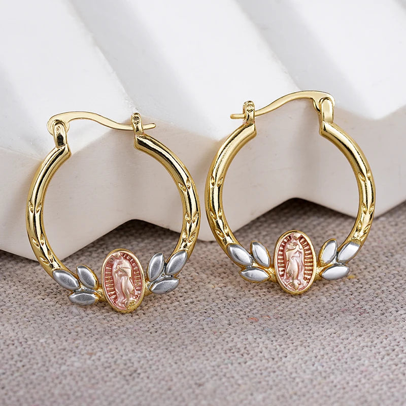 Huitan Virgin Mary Gold Hoop Earrings – Enamel Leaf Circle Hoop Earrings Axl