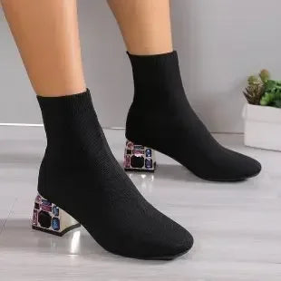 Women's Stretch Sock Ankle Boots – Square Heel & Knit Upper Sock Ankle Boots Axl black 36