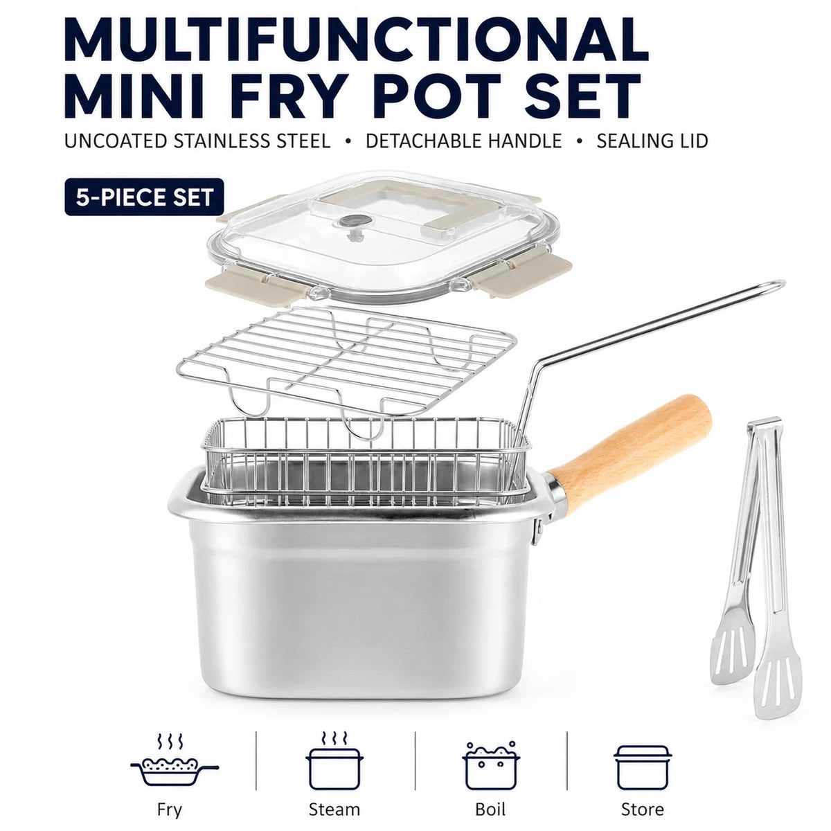 5-Piece Stainless Steel Deep Fry Pot Set with Basket & Lid Deep Fry Pot Set Axl