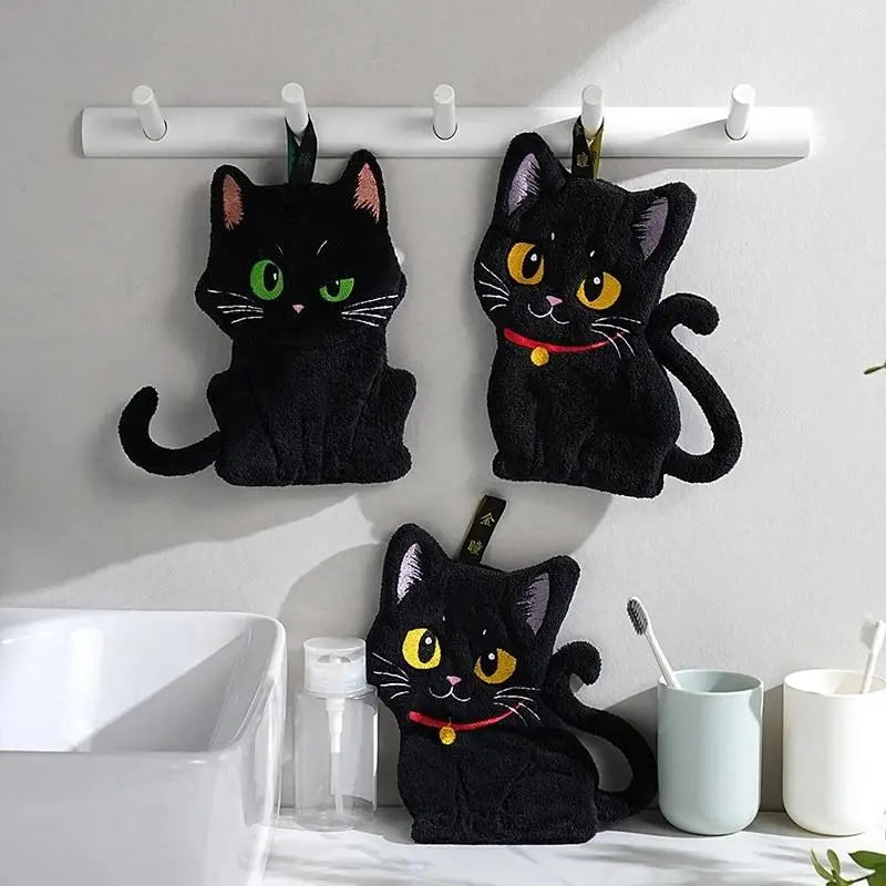 Cartoon Black Cat Hand Towel – Soft Absorbent Coral Fleece Hand Towel Axl
