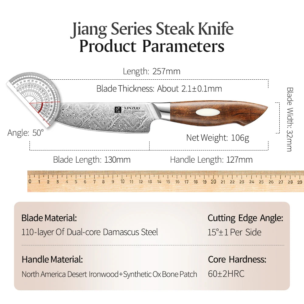 XINZUO 5" Damascus Steel Steak Knife – Desert Ironwood Handle Damascus Steak Knife Axl