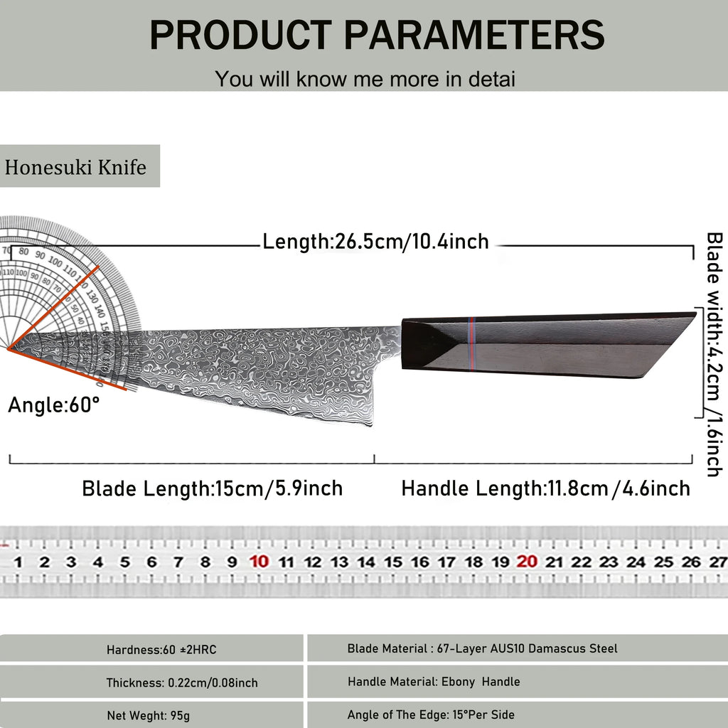 Honesuki Knife – 67-Layer Damascus Steel Boning & Slicing Knife Damascus Boning Knife Axl