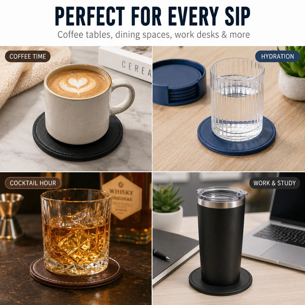 PU Leather Drink Coaster Set of 6 with Holder – Heat Resistant Drink Coaster Set Axl