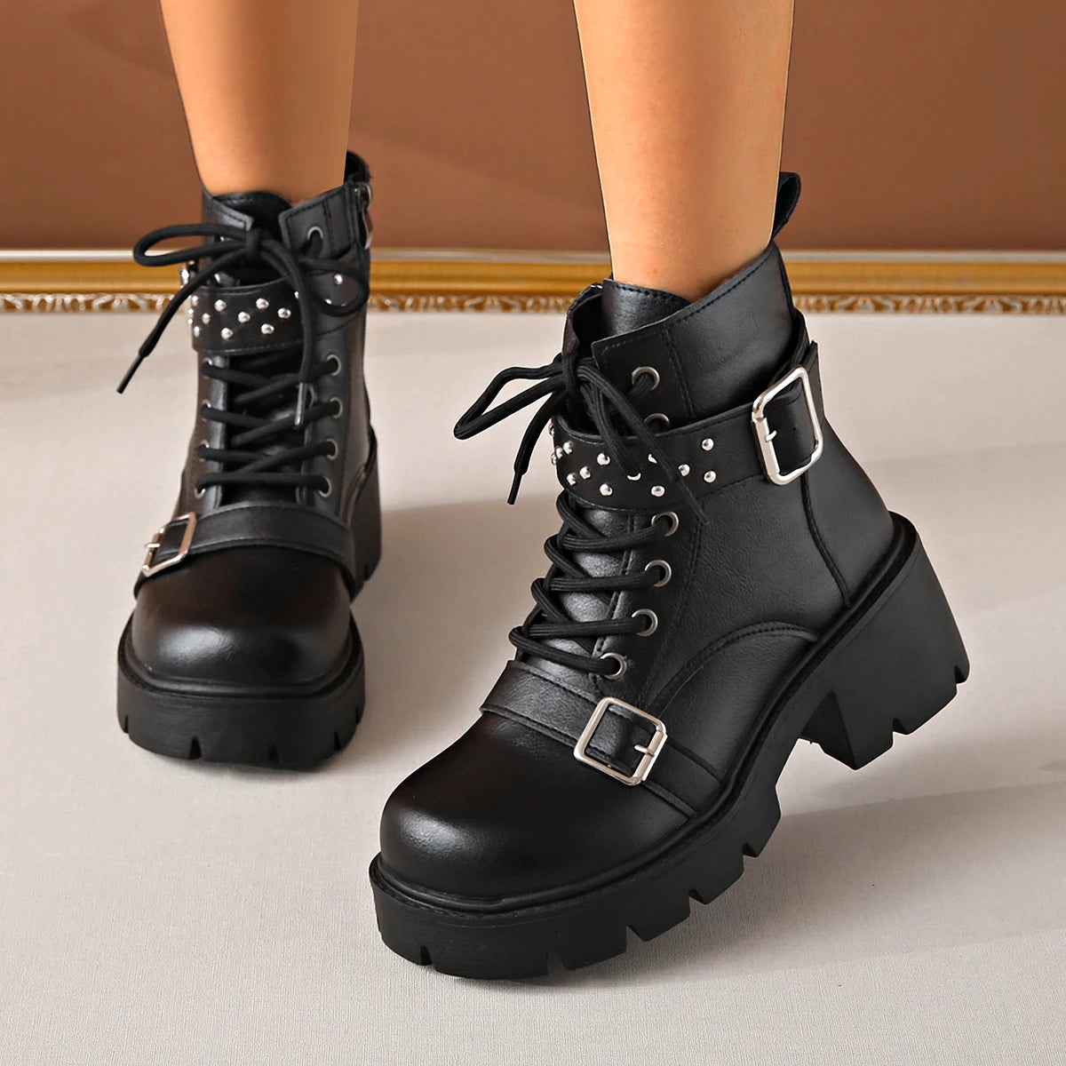 Women's Rivet Mid-Calf Boots – Buckle Strap & Chunky Heel Women's Mid-Calf Boots Axl