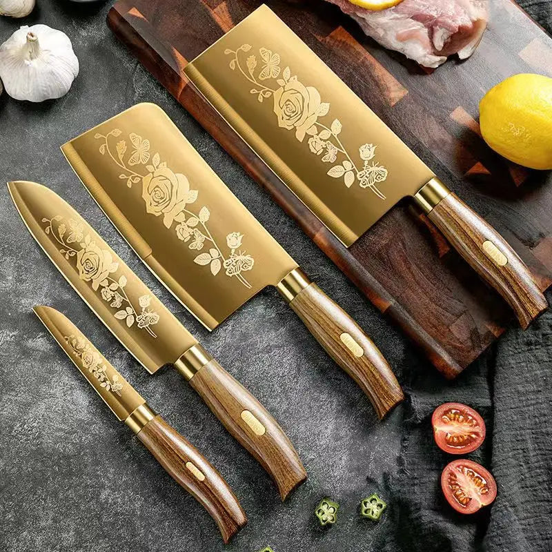 4-Piece Titanium Gold Kitchen Knife Set – Chef, Cleaver & More Kitchen Knife Set Axl 4pcs