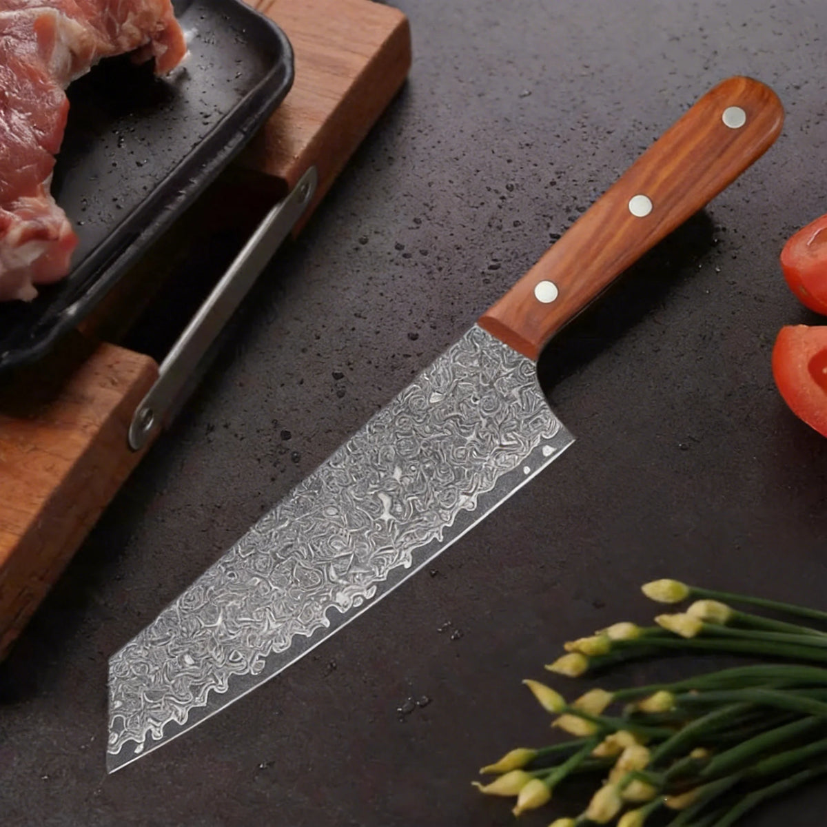 Damascus Steel Chef Knife – Japanese Slicing Knife Wood Handle Damascus Chef Knife Axl