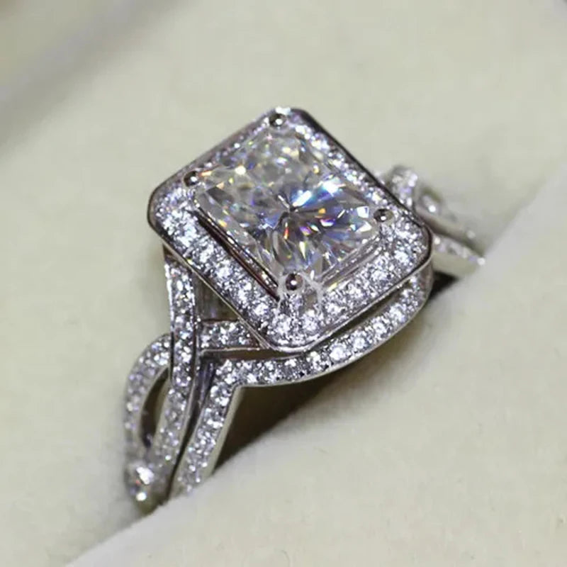 Huitan Geometric CZ 2-Piece Women's Ring Set | Silver Bridal Bridal Ring Set Axl