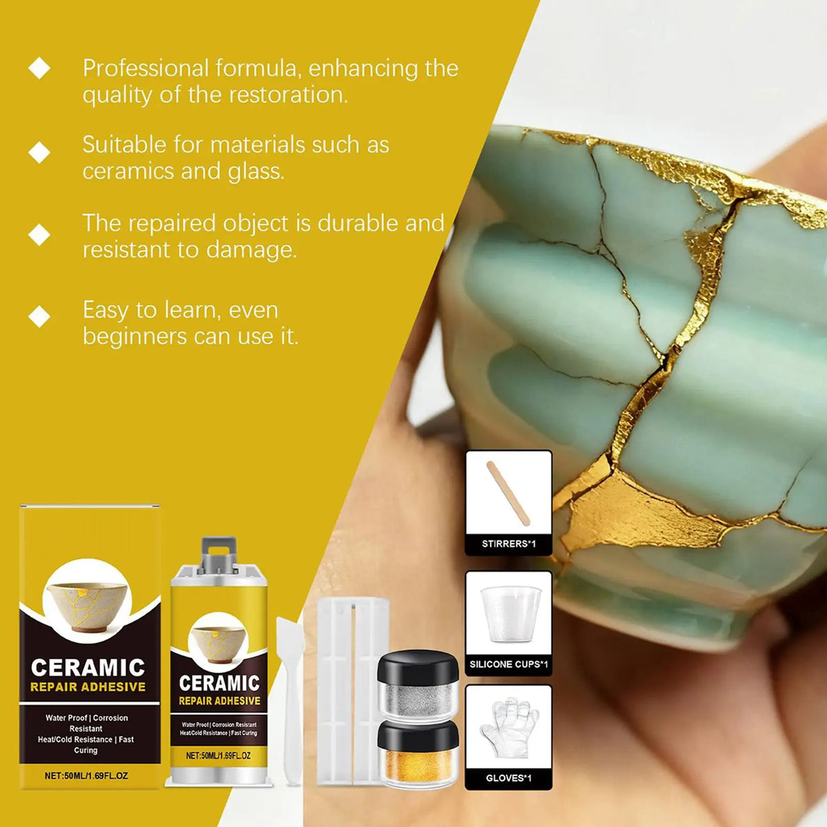 Kintsugi Gold Ceramic Repair Kit – Food Safe Pottery Glue Ceramic Repair Kit Axl