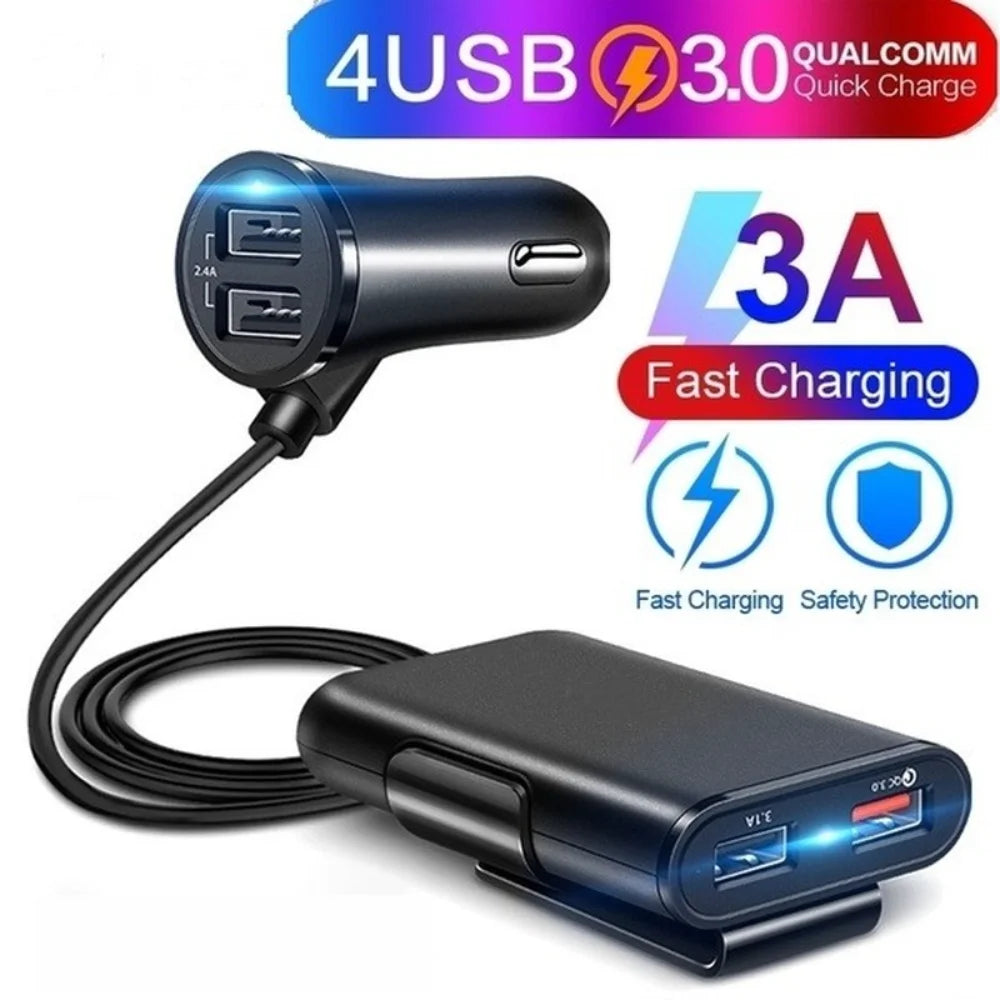 4-Port USB Car Charger QC3.0 Fast Charging – Front & Back Seat USB Car Charger Axl