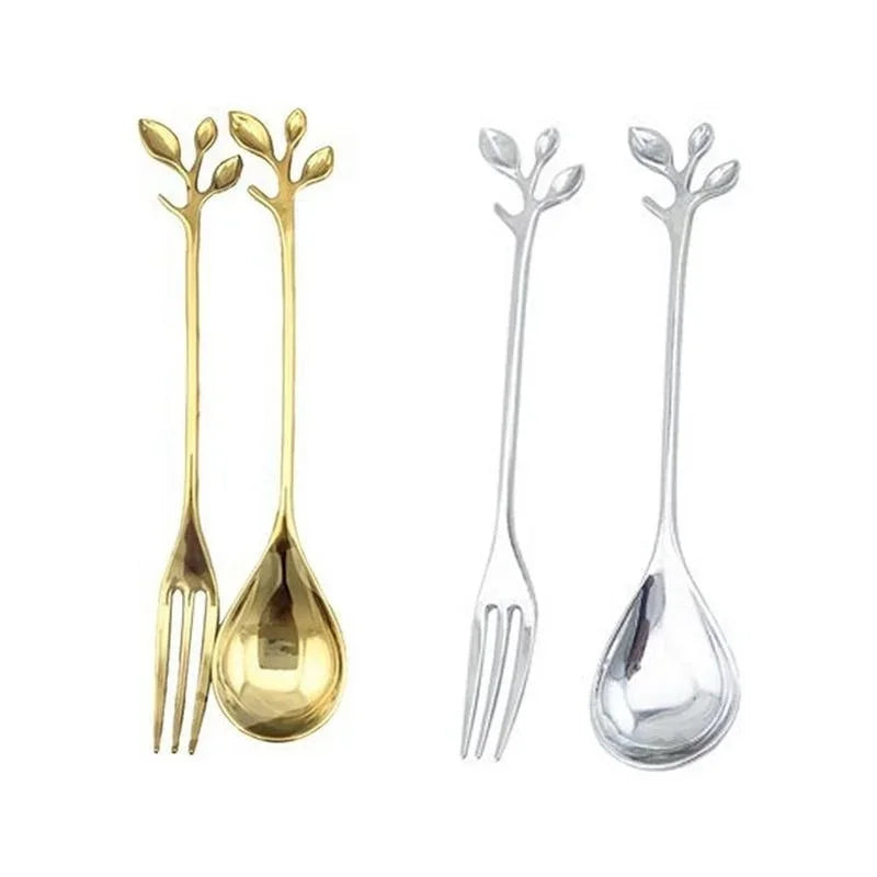 Leaf-Shaped Zinc Alloy Dessert Fork & Spoon | 12cm Cutlery Decorative Dessert Cutlery Axl
