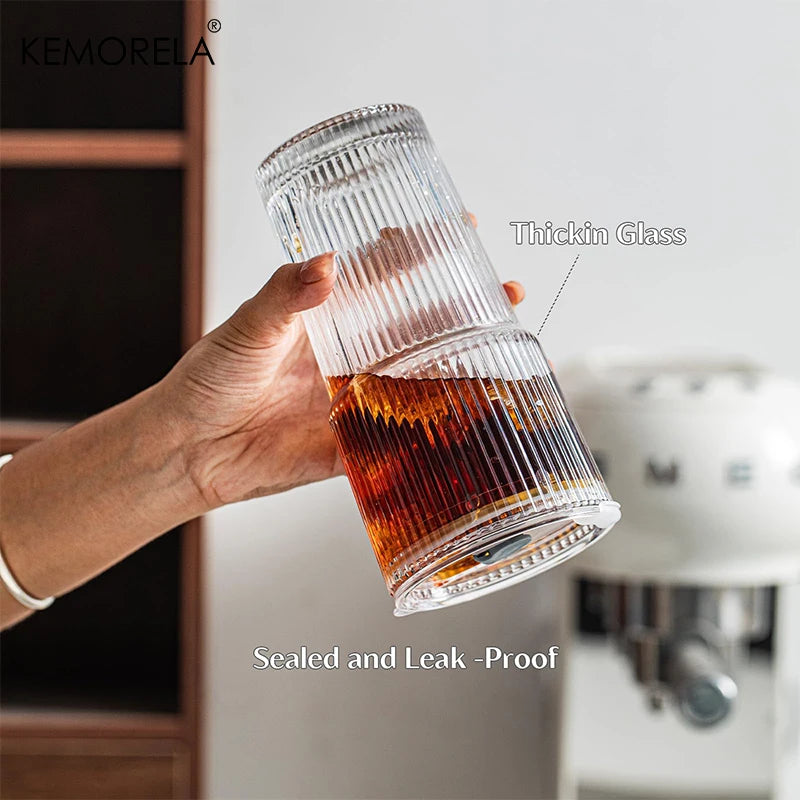 KEMORELA 590ml Ribbed Glass Tumblers with Lids & Straws 4-Pack Glass Tumbler Set Axl