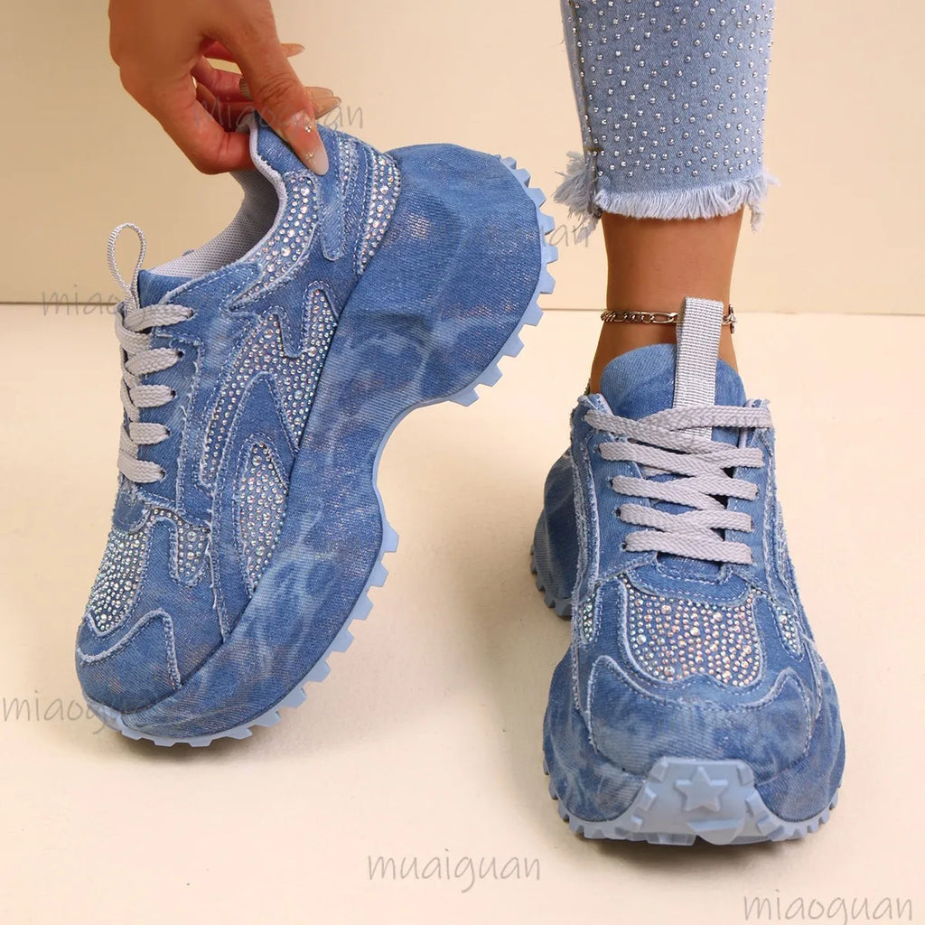 Women's Rhinestone Chunky Platform Sneakers | Denim Canvas Platform Sneakers Axl