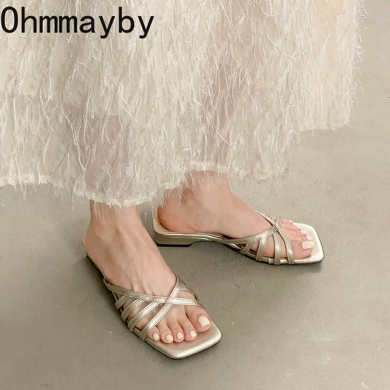 Women's Square Toe Cross Strap Heeled Slides | Summer Sandals Heeled Slide Sandals Axl