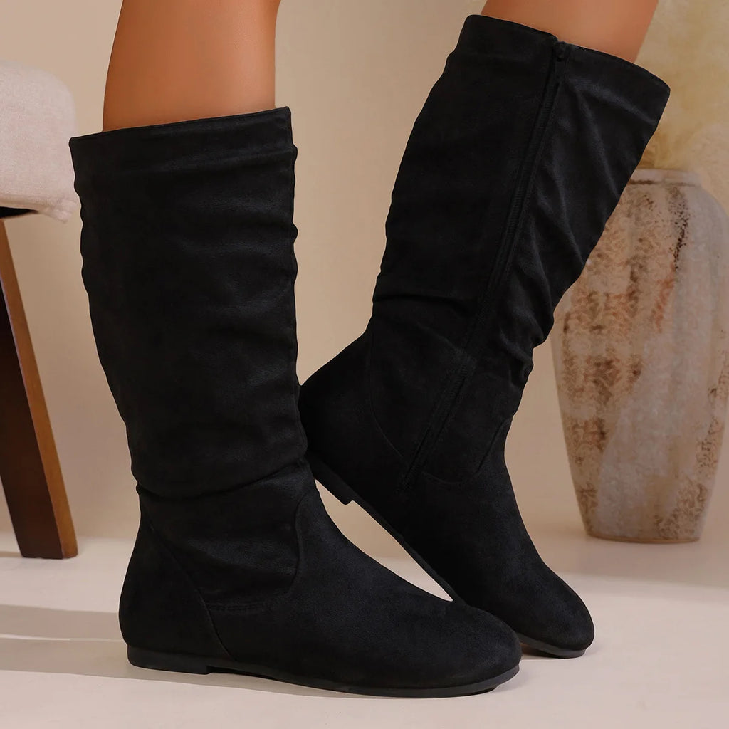 Women's Pleated Suede Mid-Calf Western Cowboy Boots | Side Zip Women's Cowboy Boots Axl