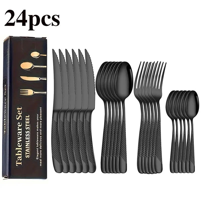 24-Pc Star Diamond Stainless Steel Cutlery Set – Knife Fork Spoon Flatware Cutlery Set Axl 24pc black