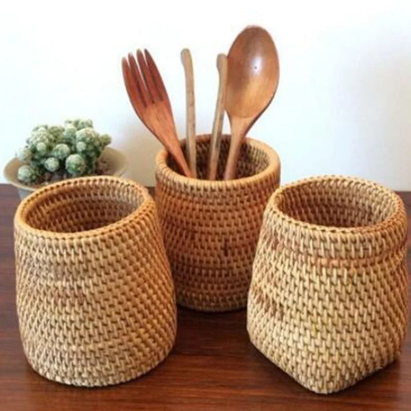 Rattan Tableware Organizer Basket – Handwoven Cutlery Storage Rattan Organizer Basket Axl