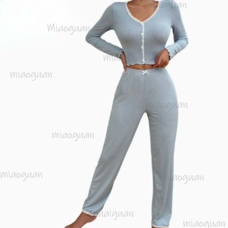Women's Lace Trim Pajama Set – Long Sleeve Top & Trousers Women's Pajama Set Axl