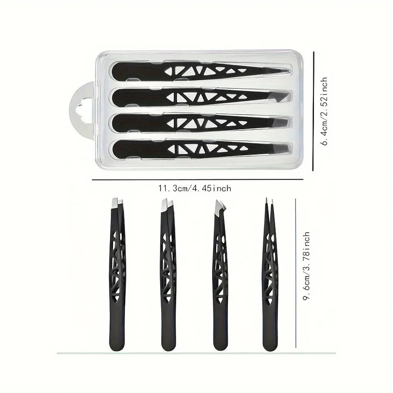 4-Piece Stainless Steel Precision Tweezer Set – Eyebrow & Facial Hair Precision Tweezer Set Axl
