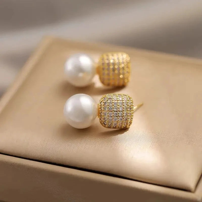 Huitan Square CZ & Simulated Pearl Drop Earrings for Women Drop Earrings Axl