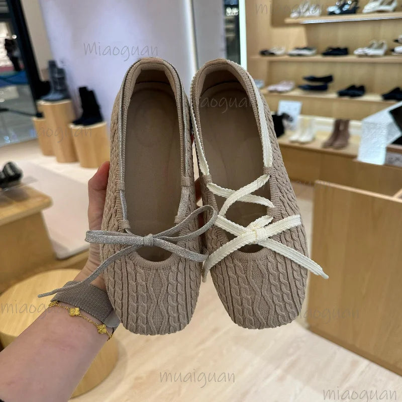 Women's Knit Ballet Flats – Square Toe Cross Strap Lace-Up Ballet Flats Axl