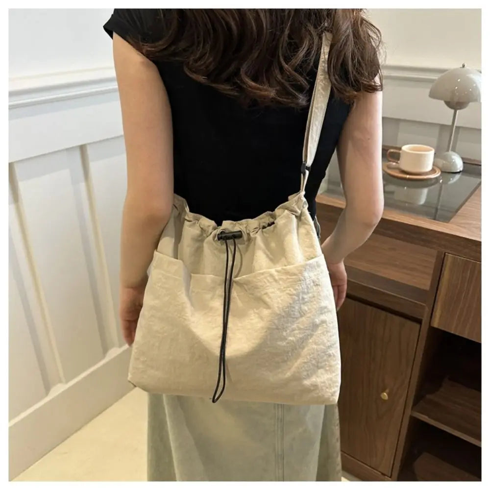 Women's Nylon Drawstring Tote – Waterproof Crossbody Bucket Bag Drawstring Bucket Bag Axl beige-no pendant