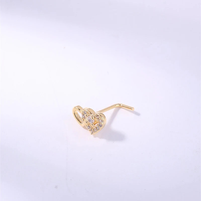 L-Shape Double Heart Zircon Nose Stud Ring – Body Jewelry Body Jewelry Axl