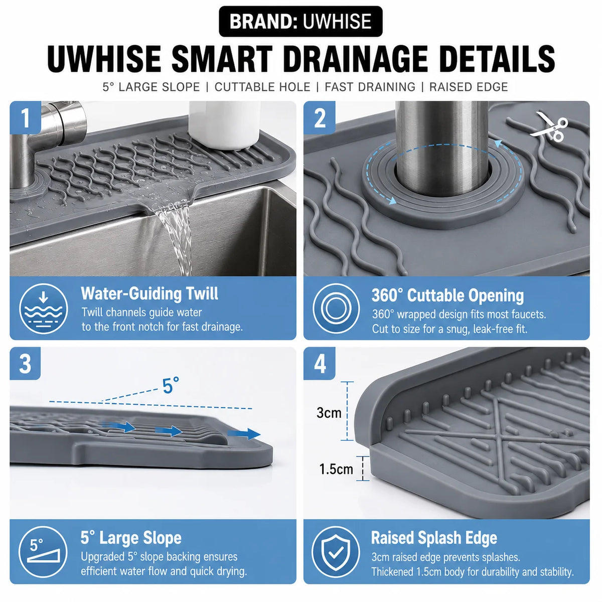 Uwhise Silicone Faucet Mat – Sloped Sink Splash Guard & Drip Tray Silicone Sink Mat Axl