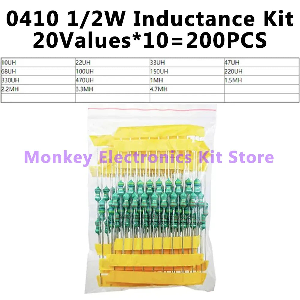 200PCS DIP Inductor Assortment Kit 1µH–4.7mH | 20 Values Inductor Assortment Kit Axl