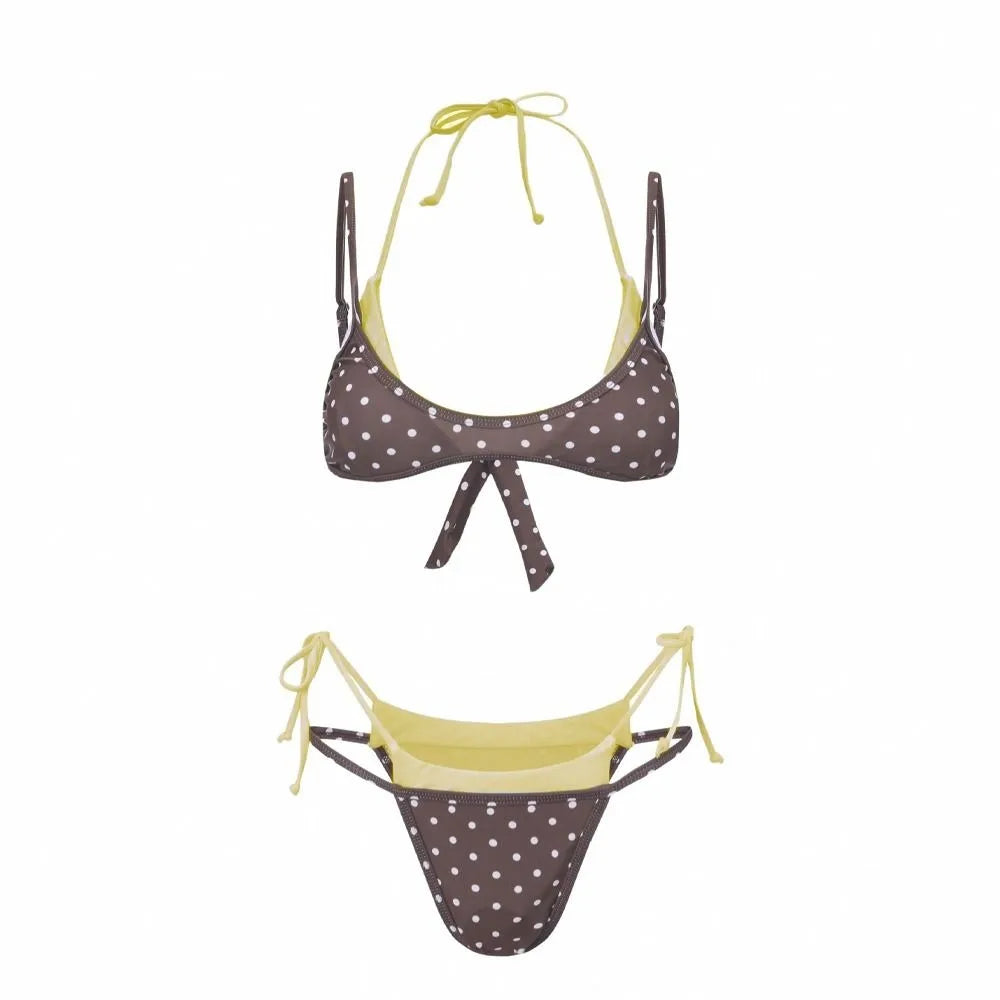Polka Dot Halter Bikini Set – Push Up Deep V Lace-Up Swimwear Halter Bikini Set Axl Brown Yellow M