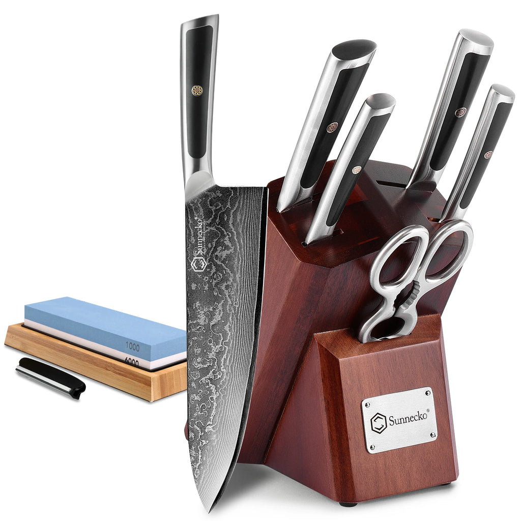 Sunnecko 7-Pc Damascus Chef Knife Set | VG10 Steel HRC60+ Damascus Knife Set Axl