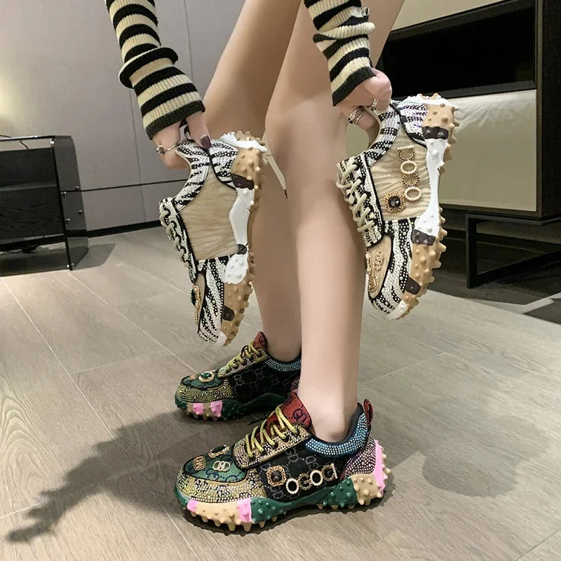 Women's Rhinestone Platform Sneakers – Glam Thick Sole Shoes Platform Sneakers Axl