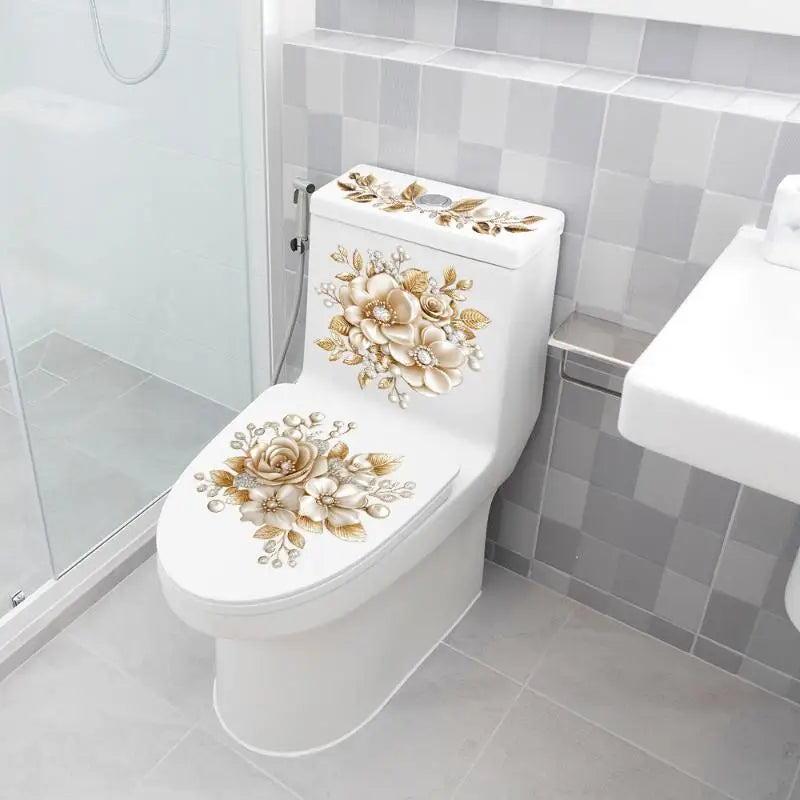 Gold Pearl Floral Toilet Sticker – Waterproof Bathroom Decal Bathroom Wall Sticker Axl