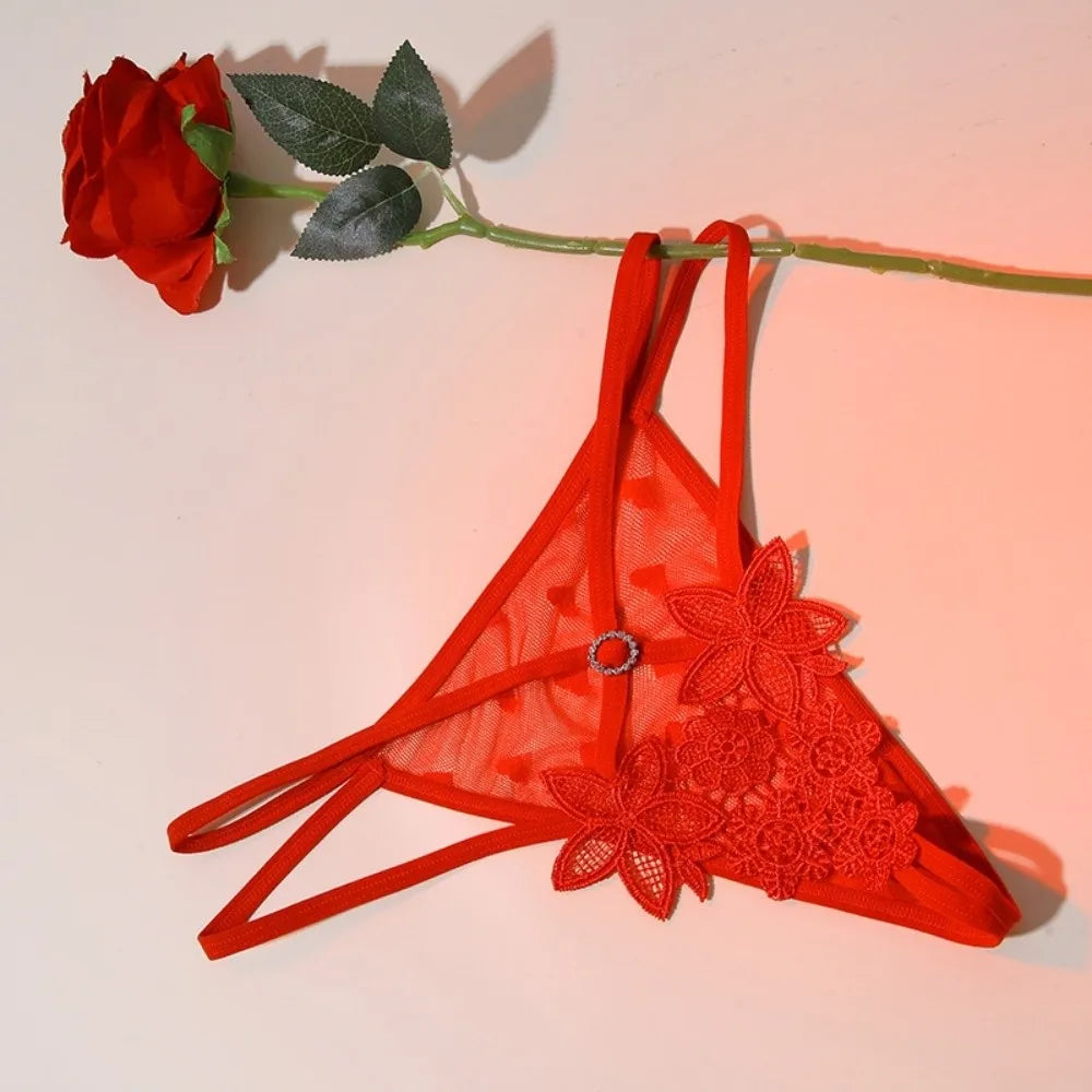 Women's Low Rise Floral Embroidery Thong – Lace Bikini Brief Thong Panties Axl Red One Size 1pc