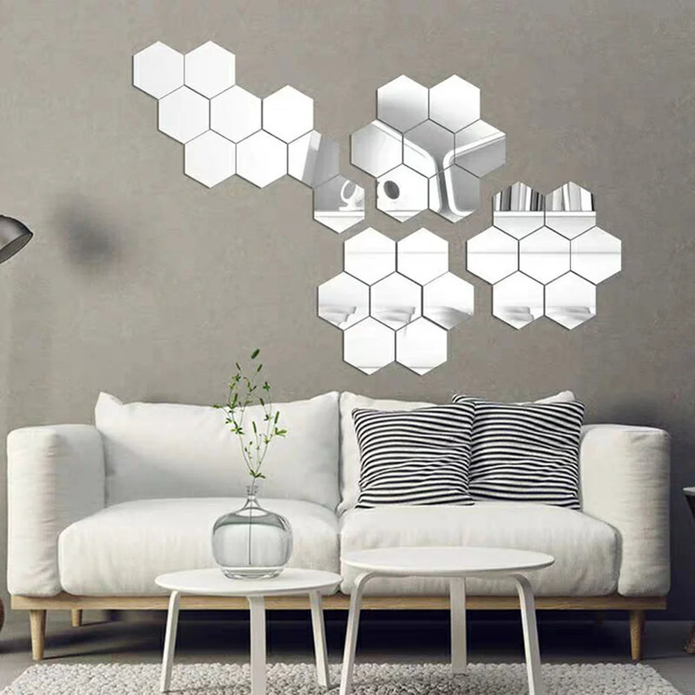 12-Pc 3D Hexagon Acrylic Mirror Wall Stickers | Gold & Silver Mirror Wall Stickers Axl