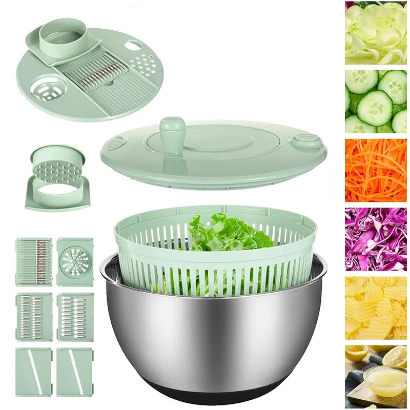 PGY 5Qt Stainless Steel Salad Spinner & Slicer Set – 5 Blades Salad Spinner Set Axl