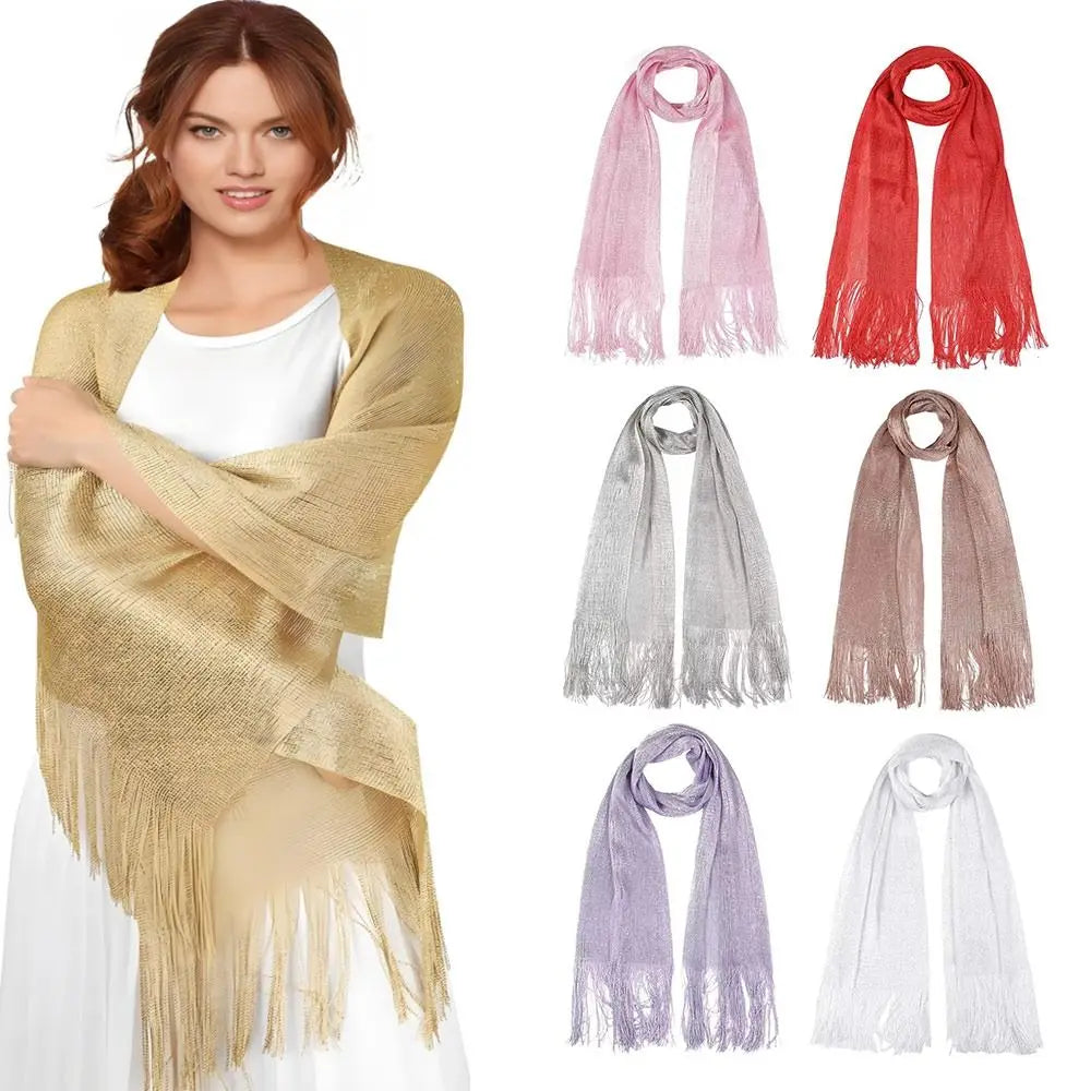 Lace Tassel Sheer Shawl Scarf – Gold & Silver Shimmer Fashion Scarf Axl